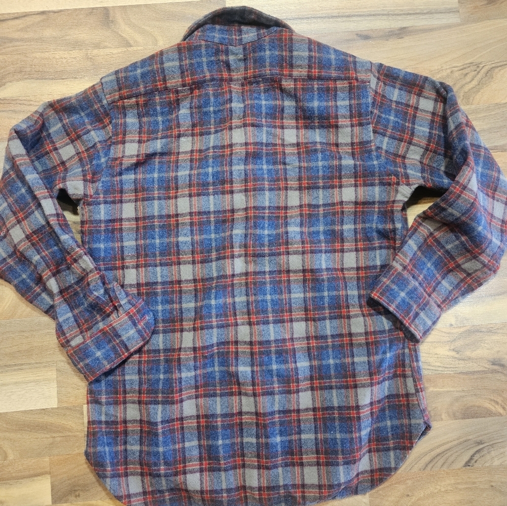 Vintage Pendleton LOBO 100% Wool Plaid Flannel Shirt Blue Brown Padded Elbows L - Picture 10 of 10